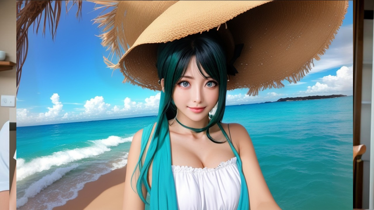 Vibrant Beach Scene with Character in Summer Outfit
