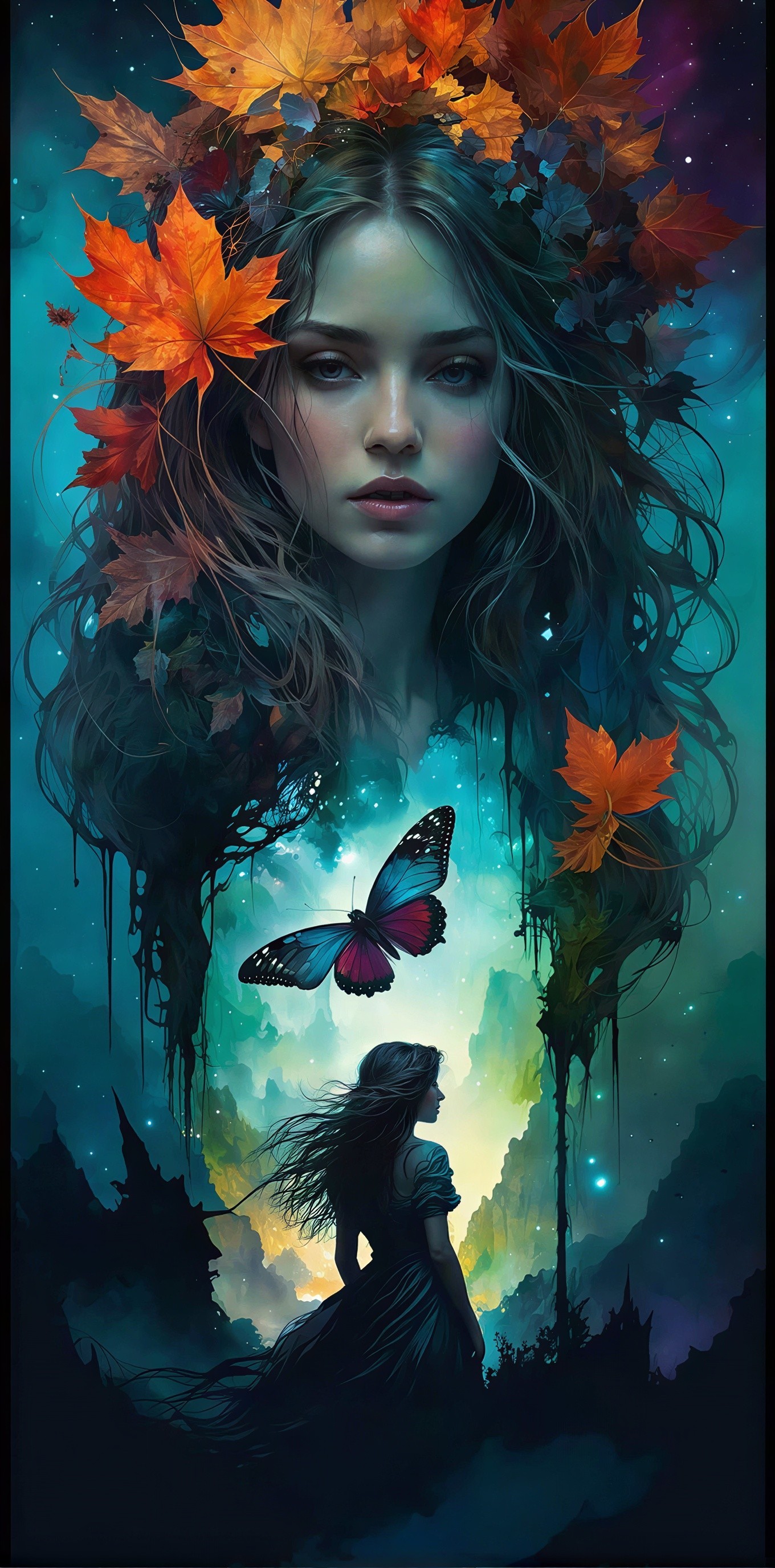 Fantasy Art of Woman with Autumn Leaves and Butterfly