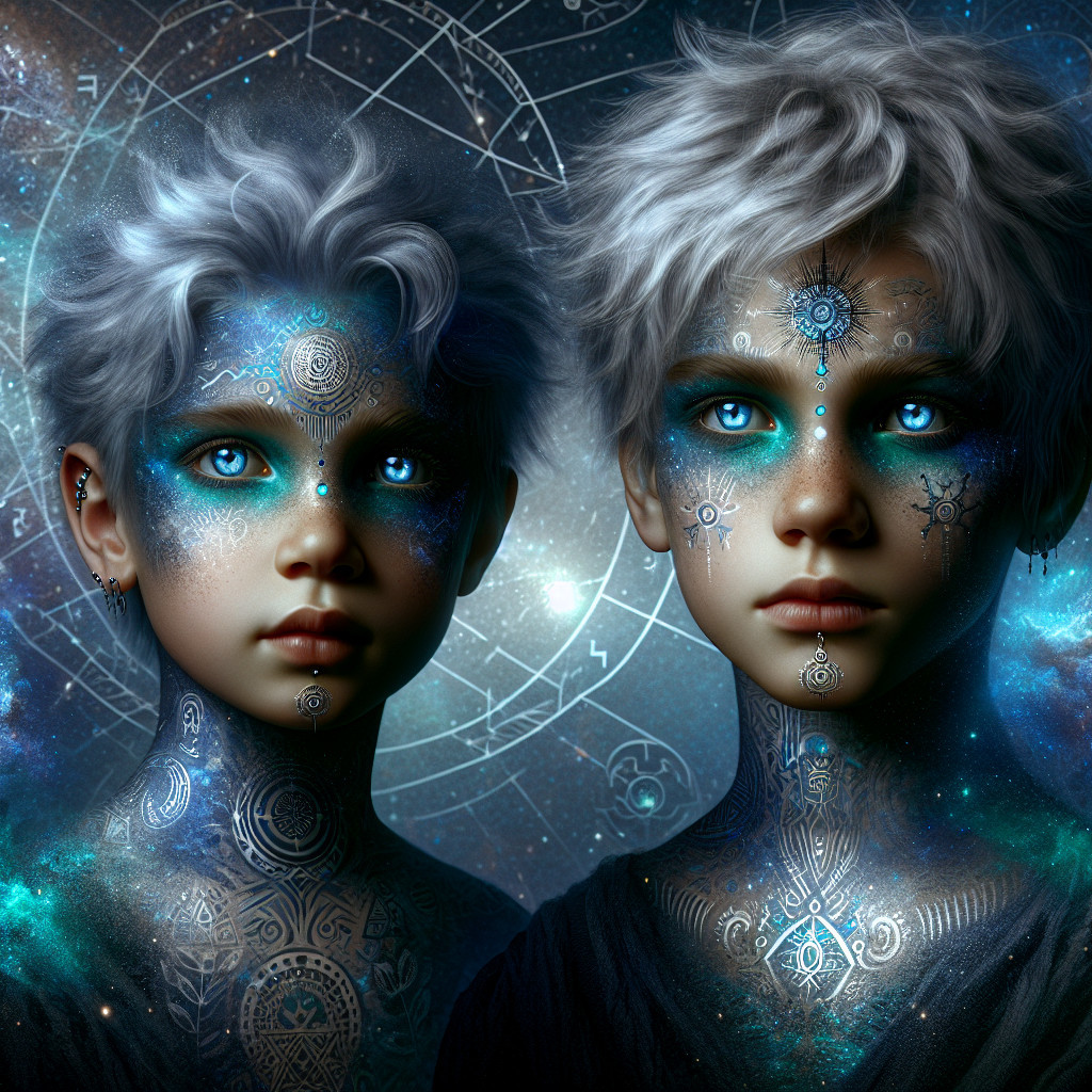 Celestial Children with Glowing Patterns and Cosmic Background