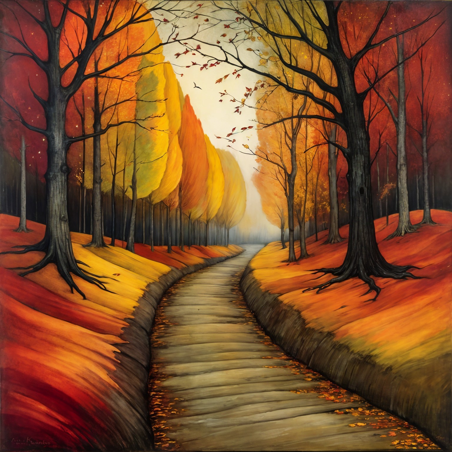 Autumn Landscape with Winding Path and Vibrant Trees