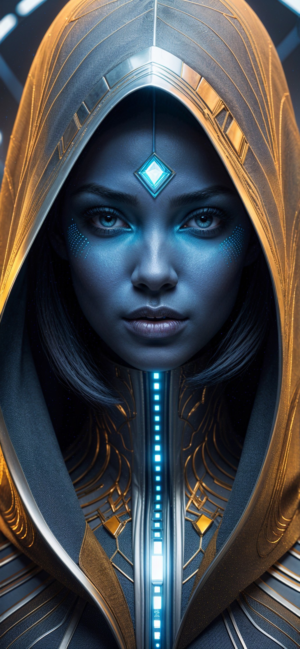 Futuristic Figure in Hooded Garment with Gemstone