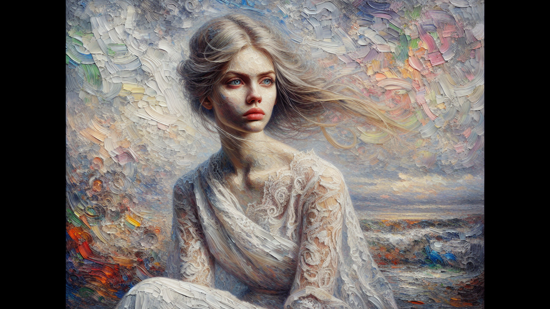 Delicate Young Woman in Lace Garment Against Colorful Sky