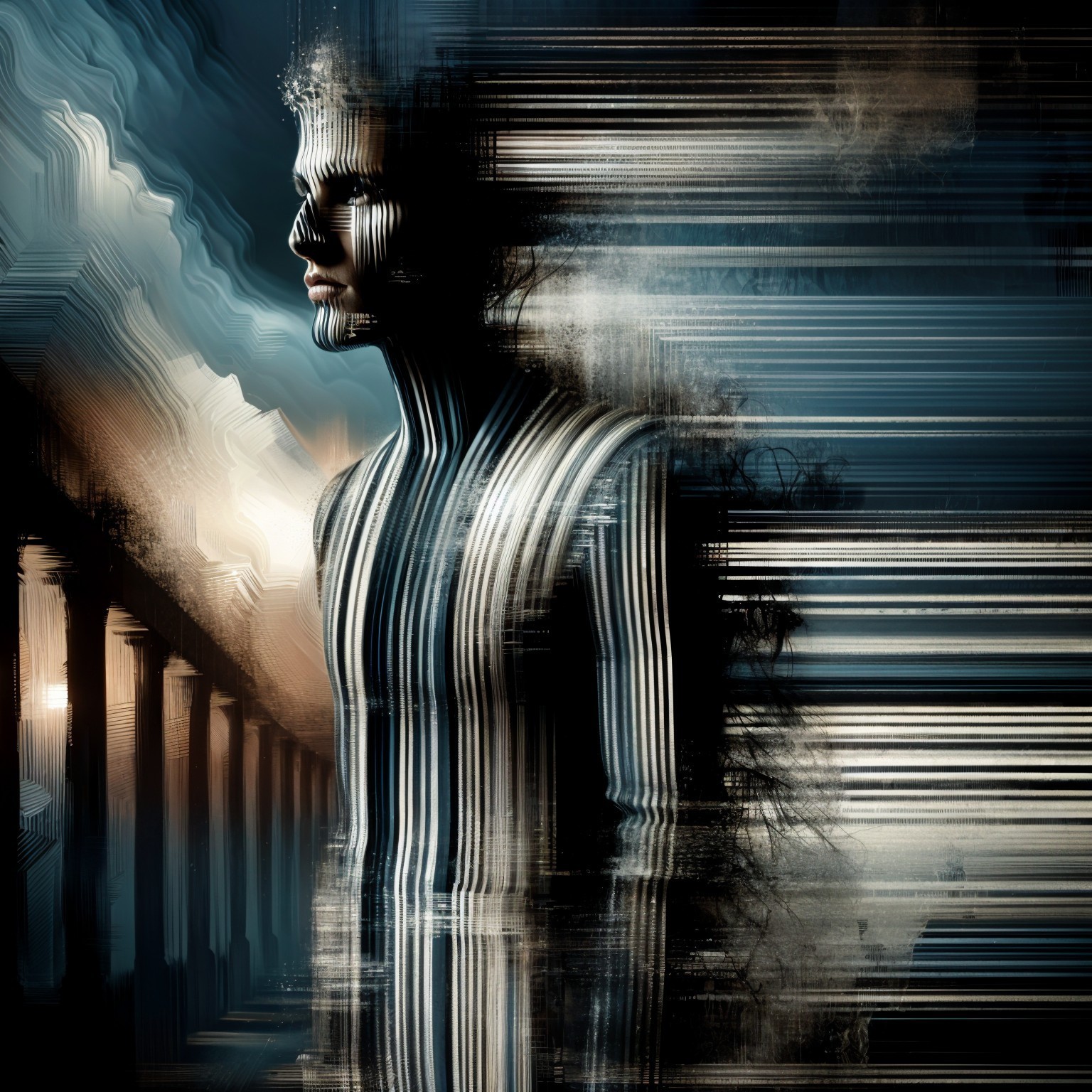 Surreal Figure with Blurred Architectural Columns