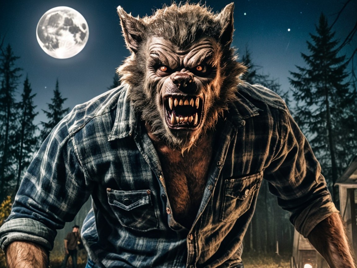 Werewolf in Moonlit Forest with Plaid Shirt and Fangs
