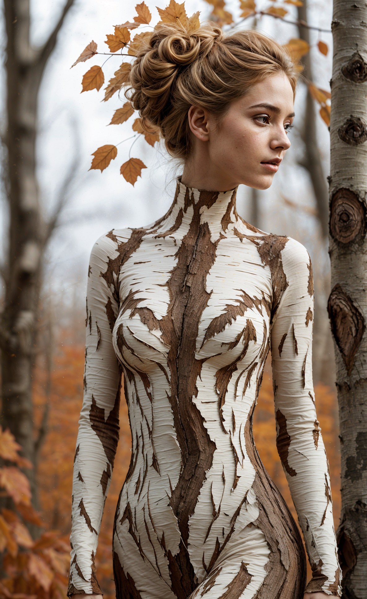 Woman in Bodysuit Resembles Tree Bark in Forest