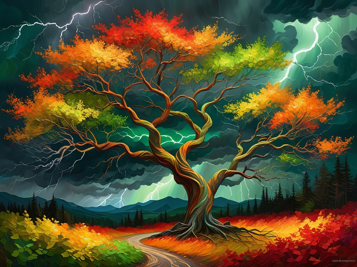 Majestic Tree in Vivid Autumn Landscape with Storm Clouds