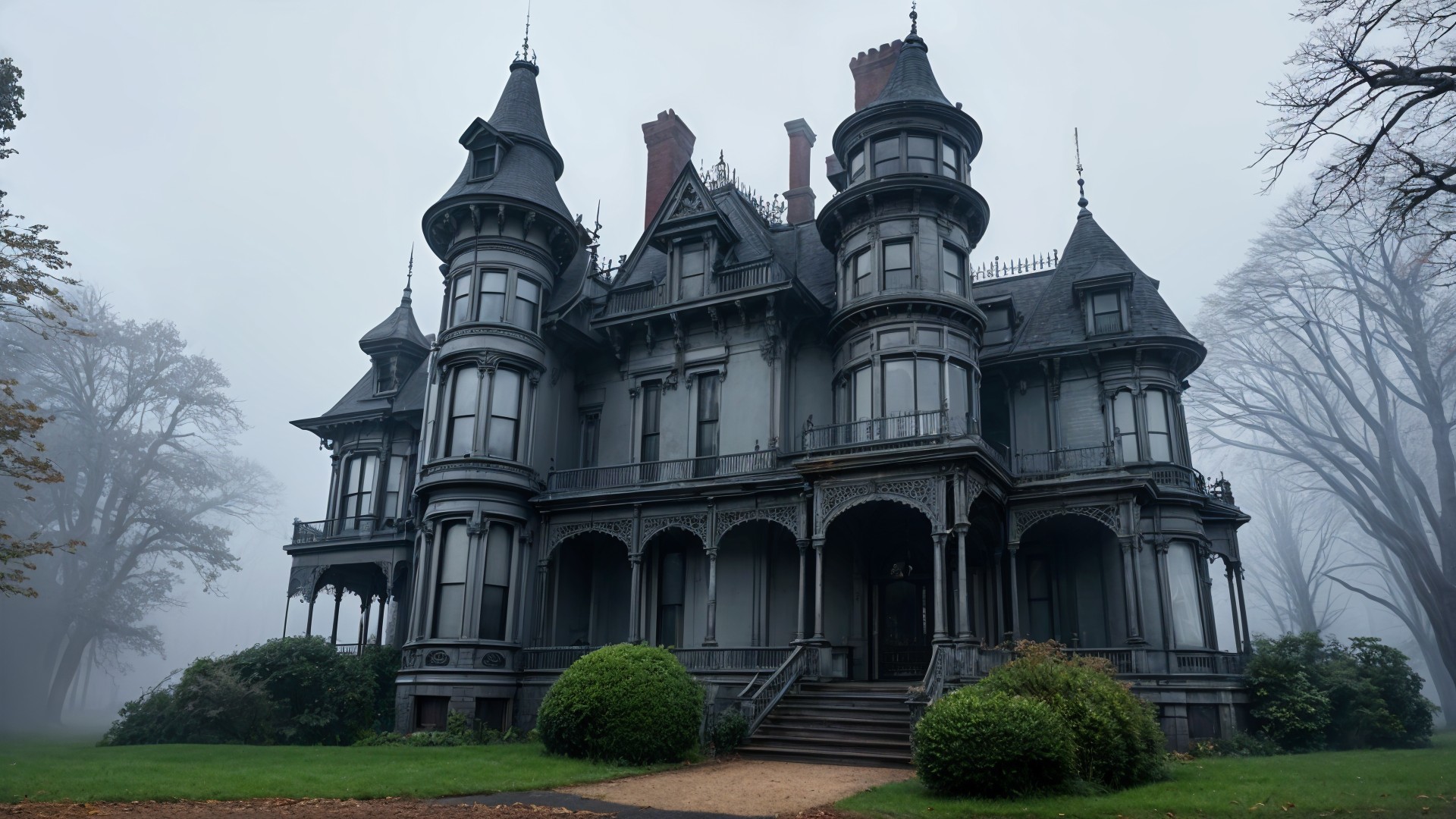 Gothic Mansion Surrounded by Fog and Greenery