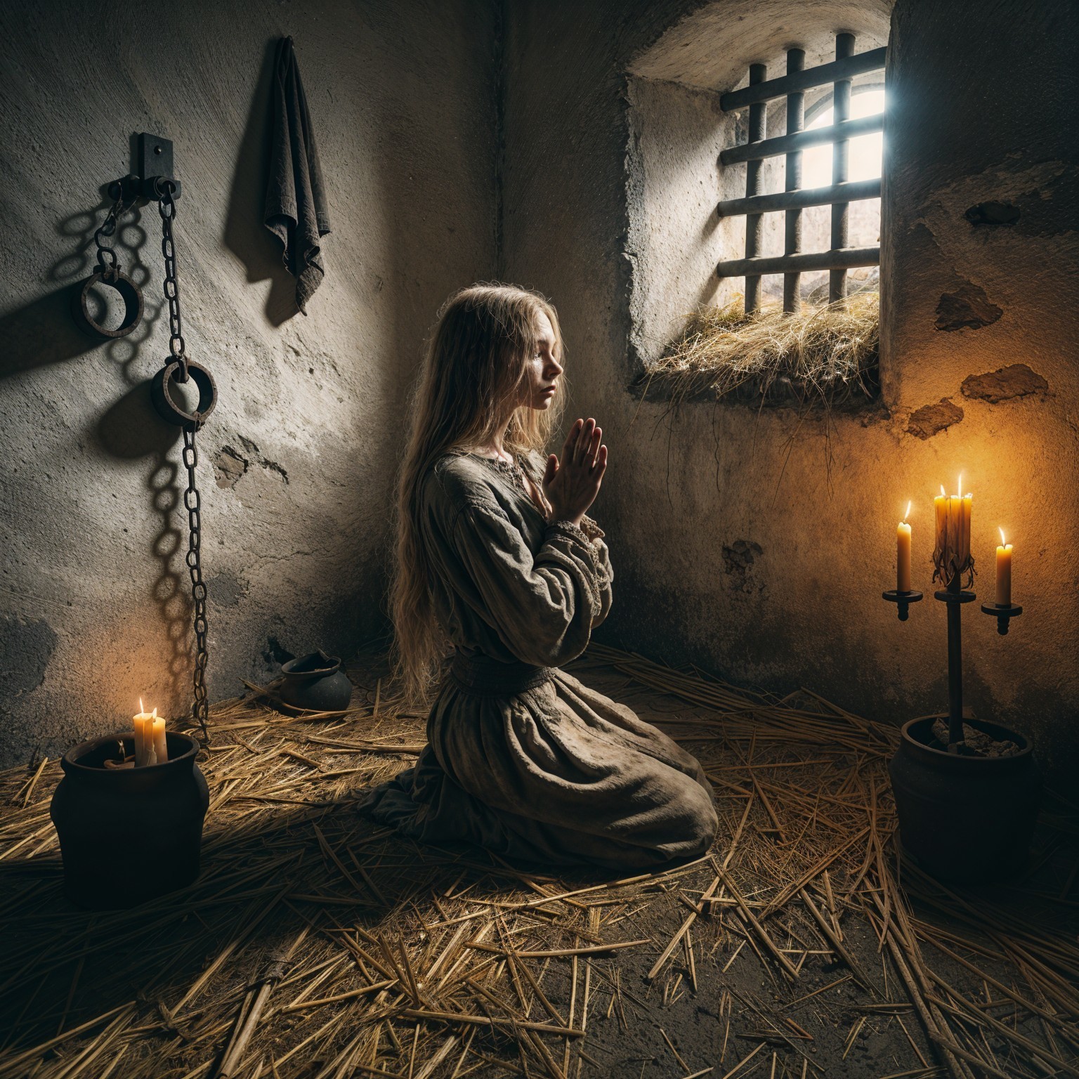 Young woman in prayer inside a dim prison cell