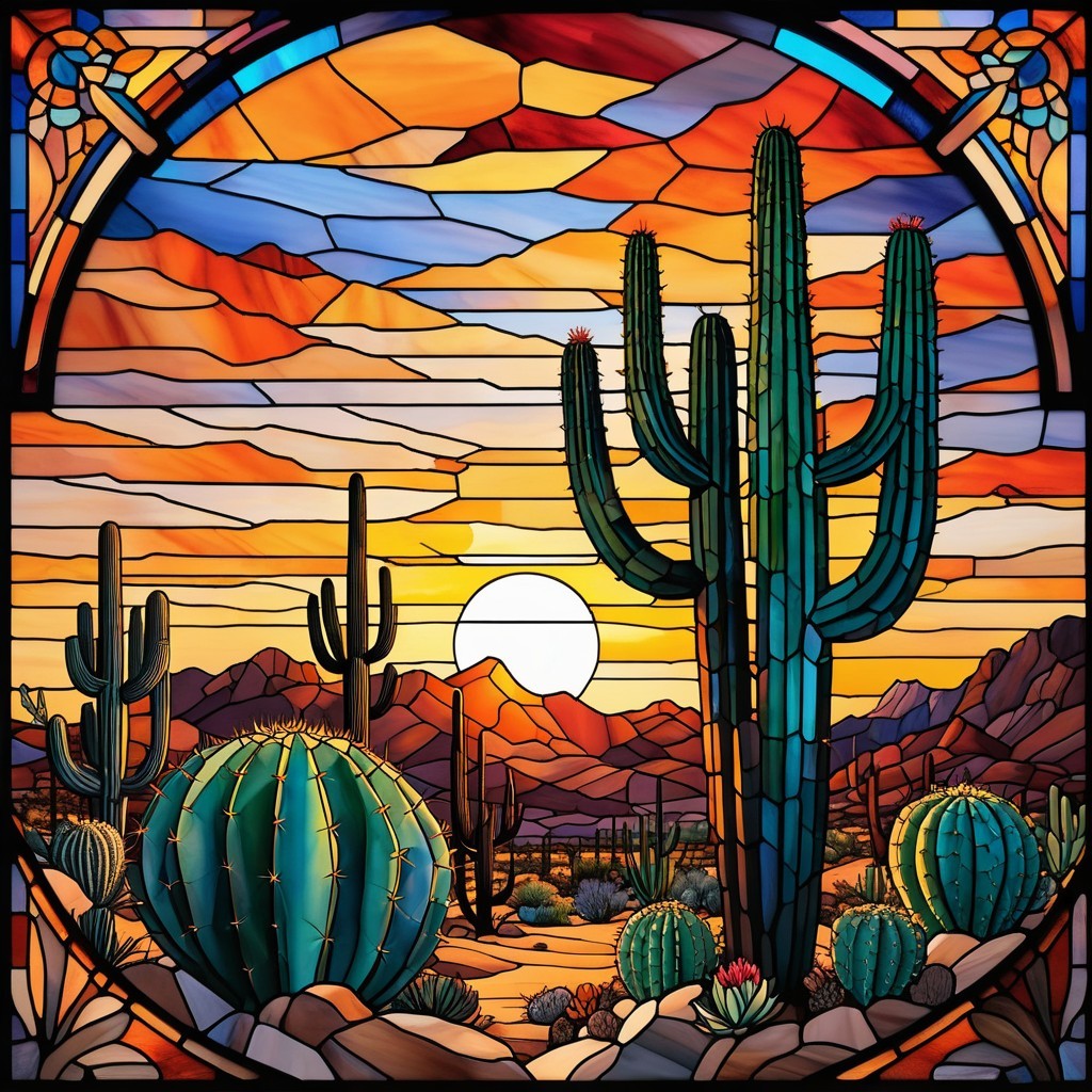 Vibrant Stained Glass Desert Landscape at Sunset