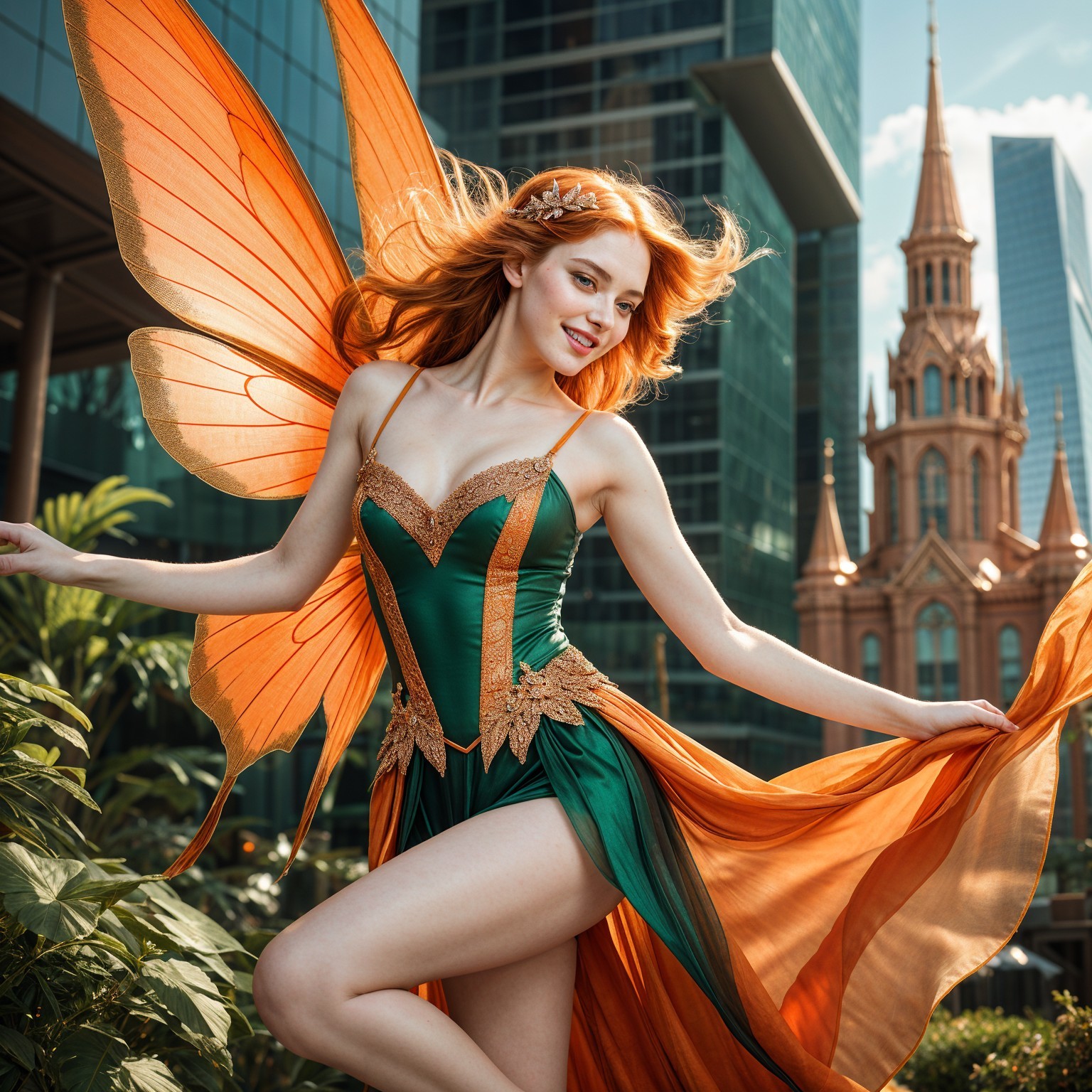 Fairy with Colorful Wings in Modern Cityscape