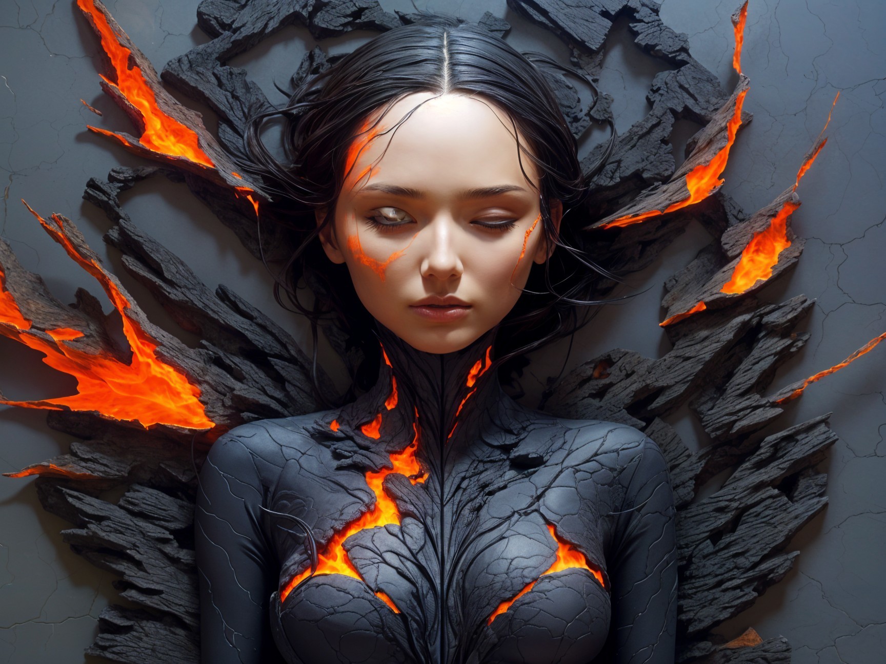 Woman with molten lava-themed appearance and textures
