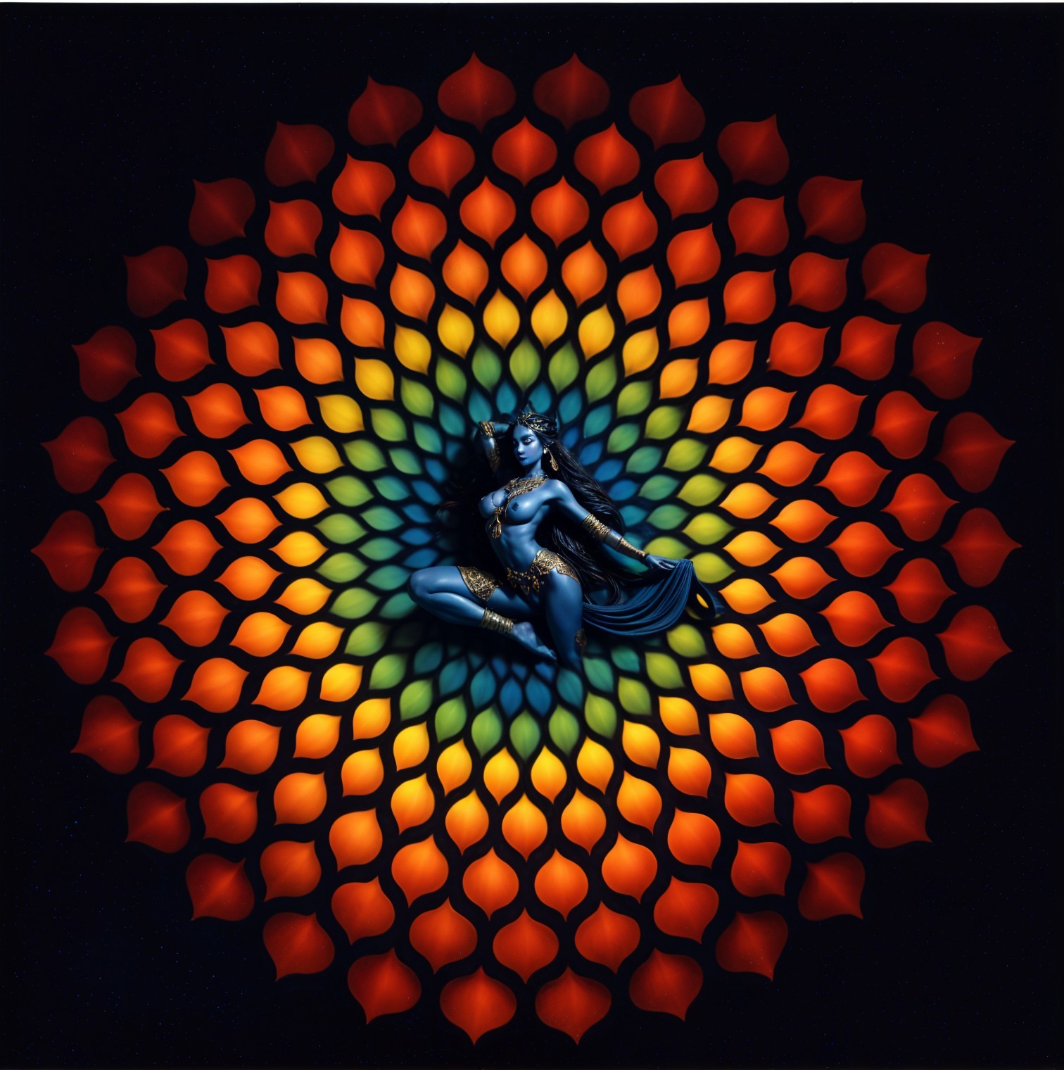 Serene Figure Surrounded by Vibrant Mandala Patterns