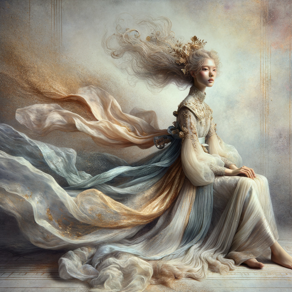 Ethereal Figure in Flowing Garments and Pastel Hues