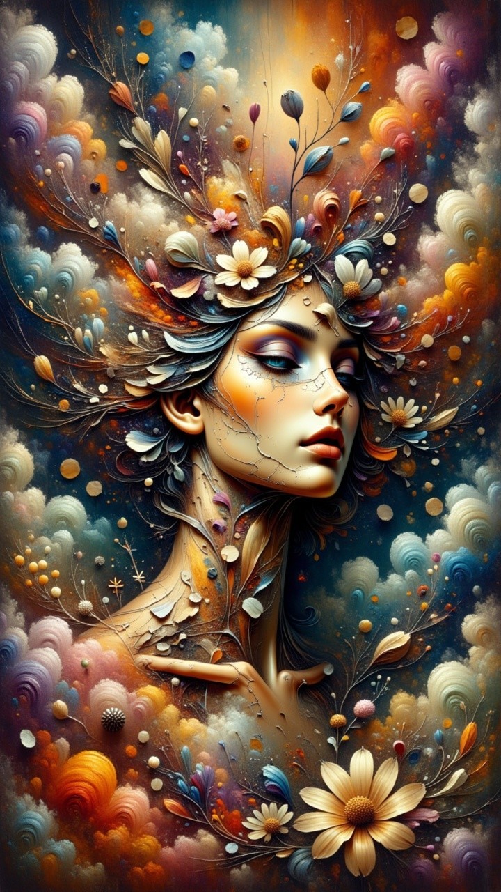 Surreal Female Figure with Floral and Cloud Elements
