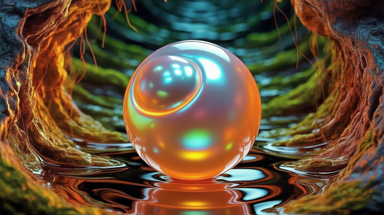 Iridescent Orb on Tranquil Surface with Rock Formations