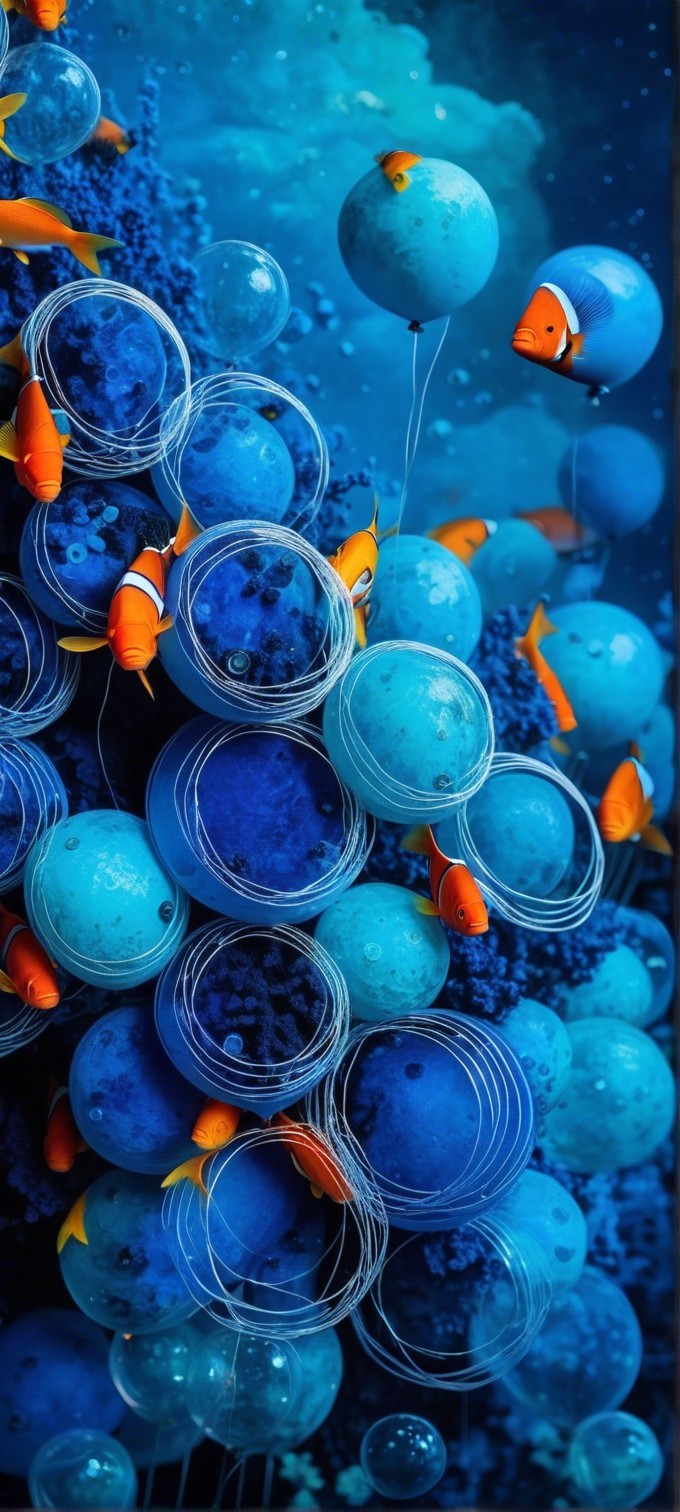 Underwater Scene with Blue Spheres and Clownfish