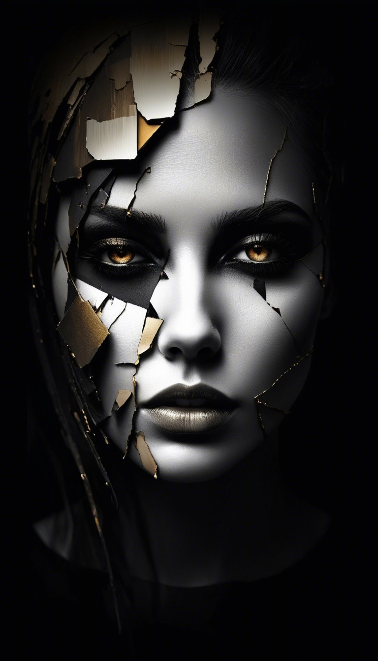 Portrait of a Woman with Fragmented Features and Gold Accents