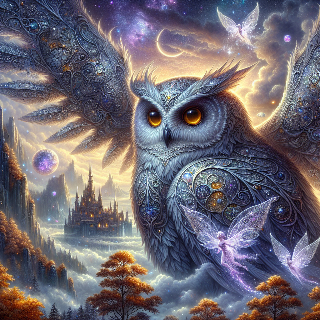 Majestic owl with patterns in a starry landscape