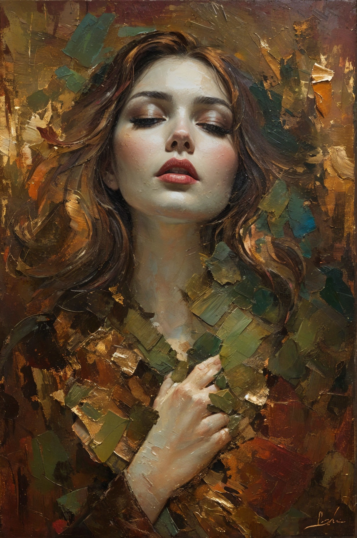 Serene Woman with Chestnut Hair in Warm Abstract Background