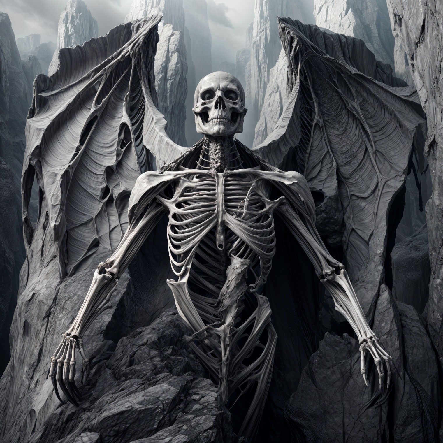 Skeletal Figure with Bat Wings in Dramatic Landscape