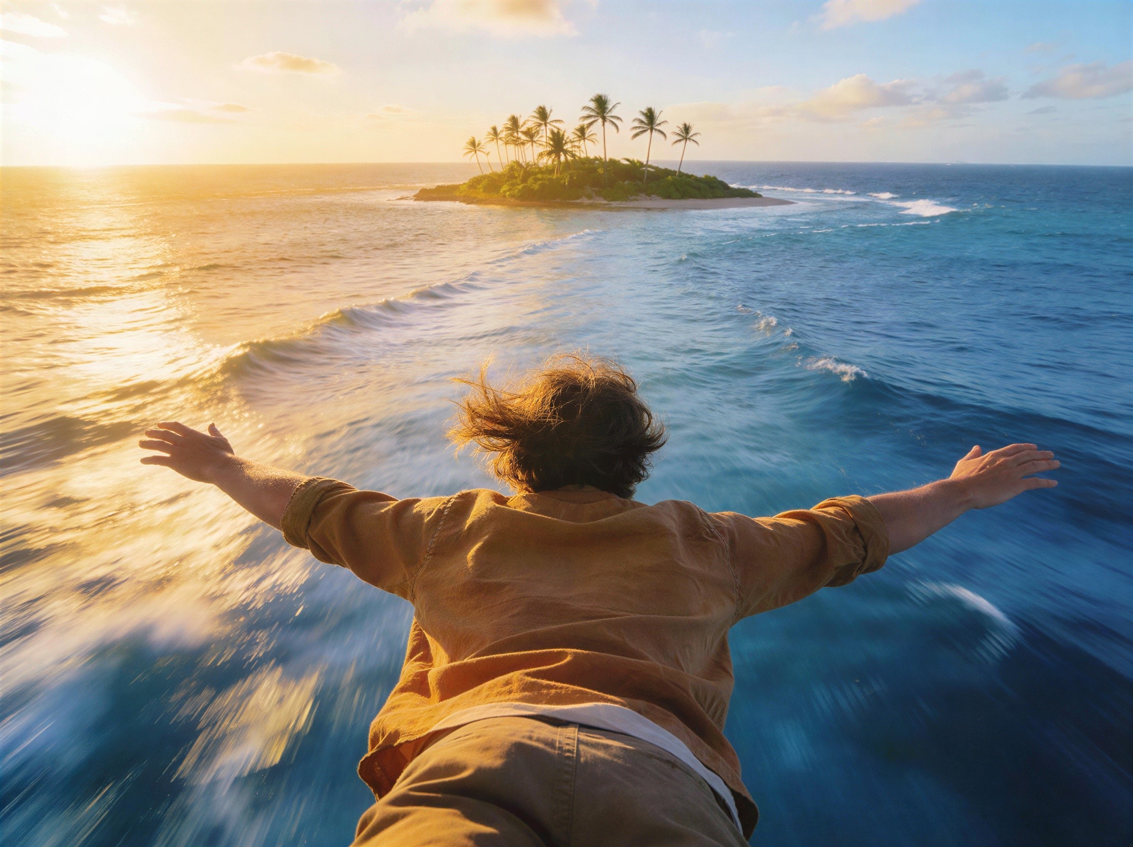 Man Hanging Over Choppy Water with Island in Distance