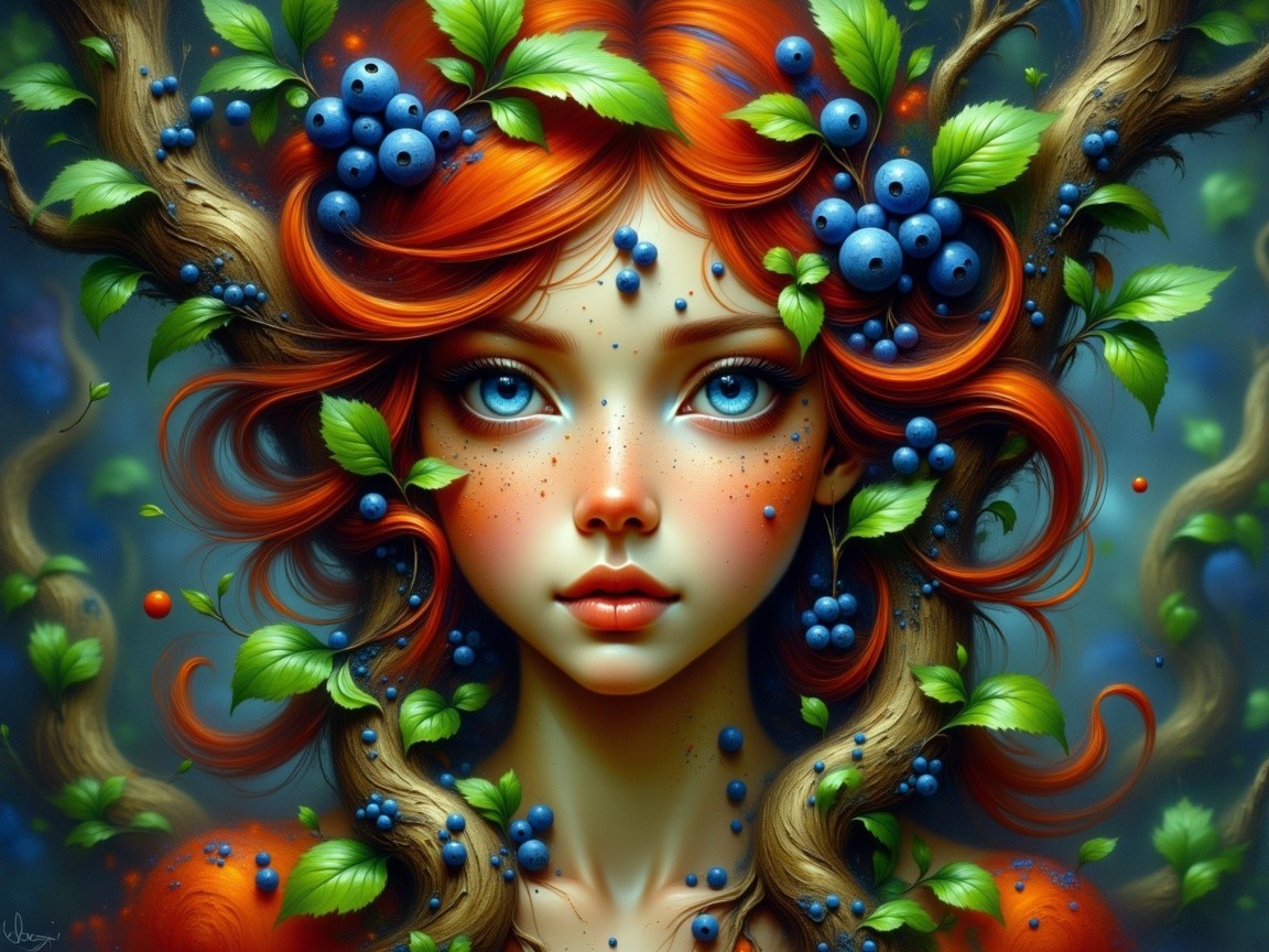 Portrait of a Young Woman with Red Hair and Nature Elements