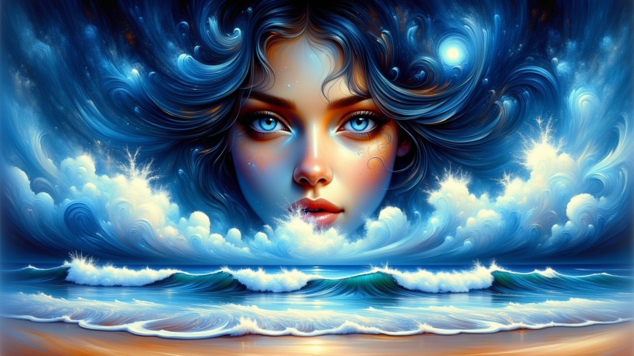 Serene Ocean Scene with Ethereal Woman and Blue Eyes