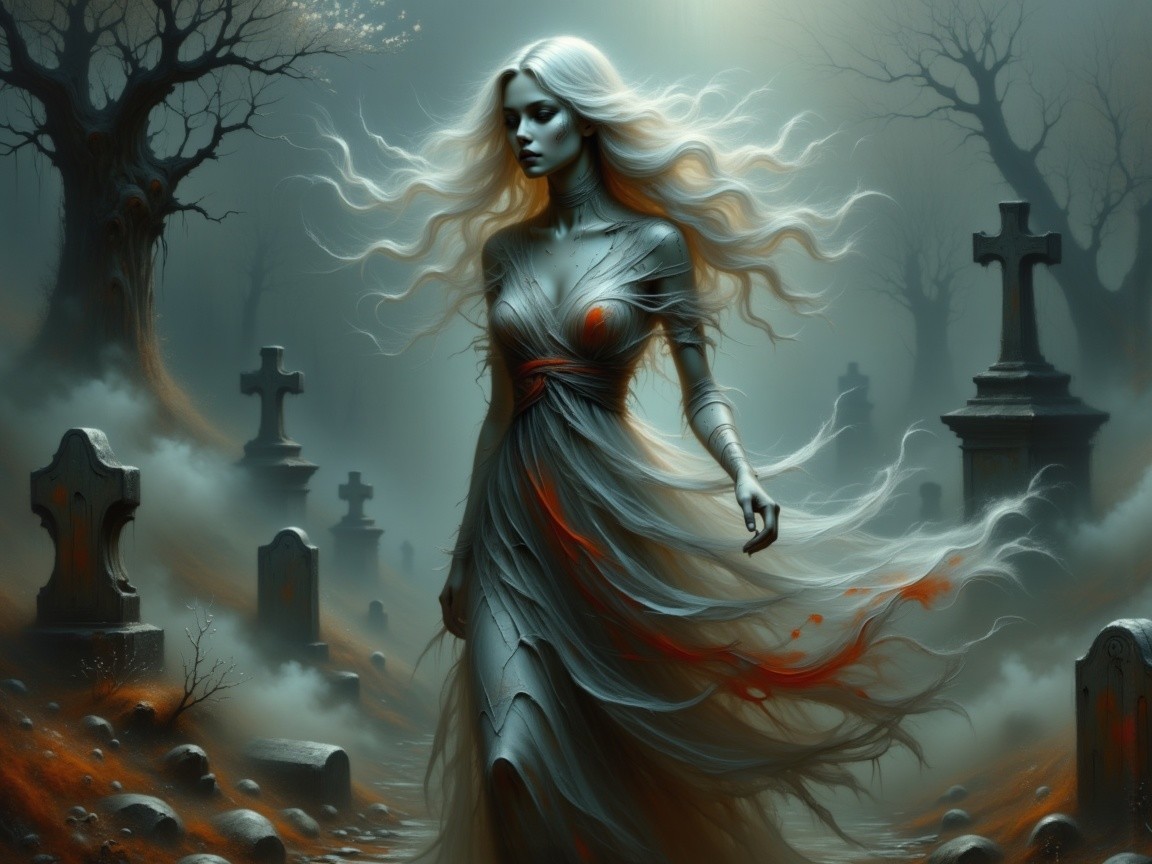 Spectral Figure in a Misty Graveyard Setting