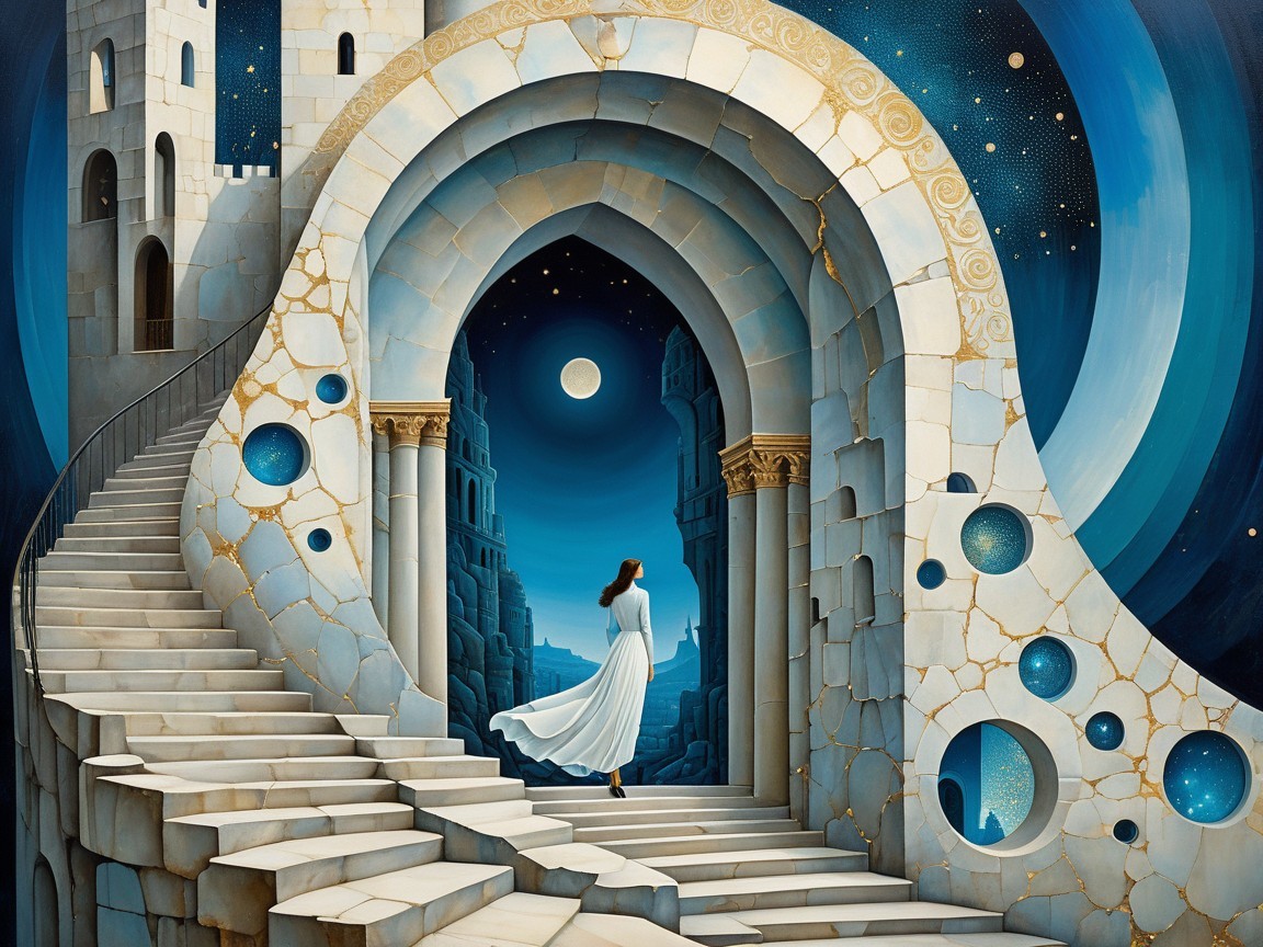 Surreal Landscape with Staircase and Archway Under Moon