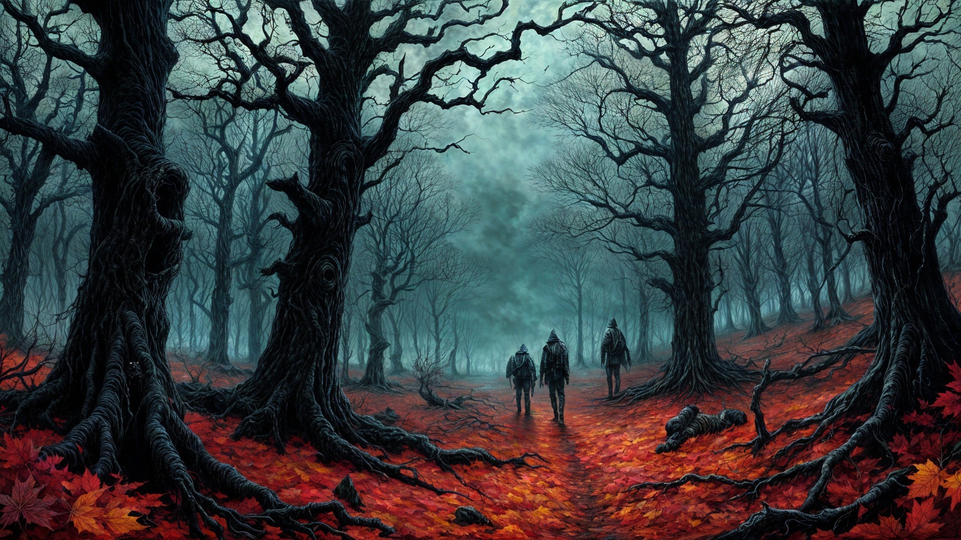 Eerie Forest with Shadowy Figures and Misty Atmosphere