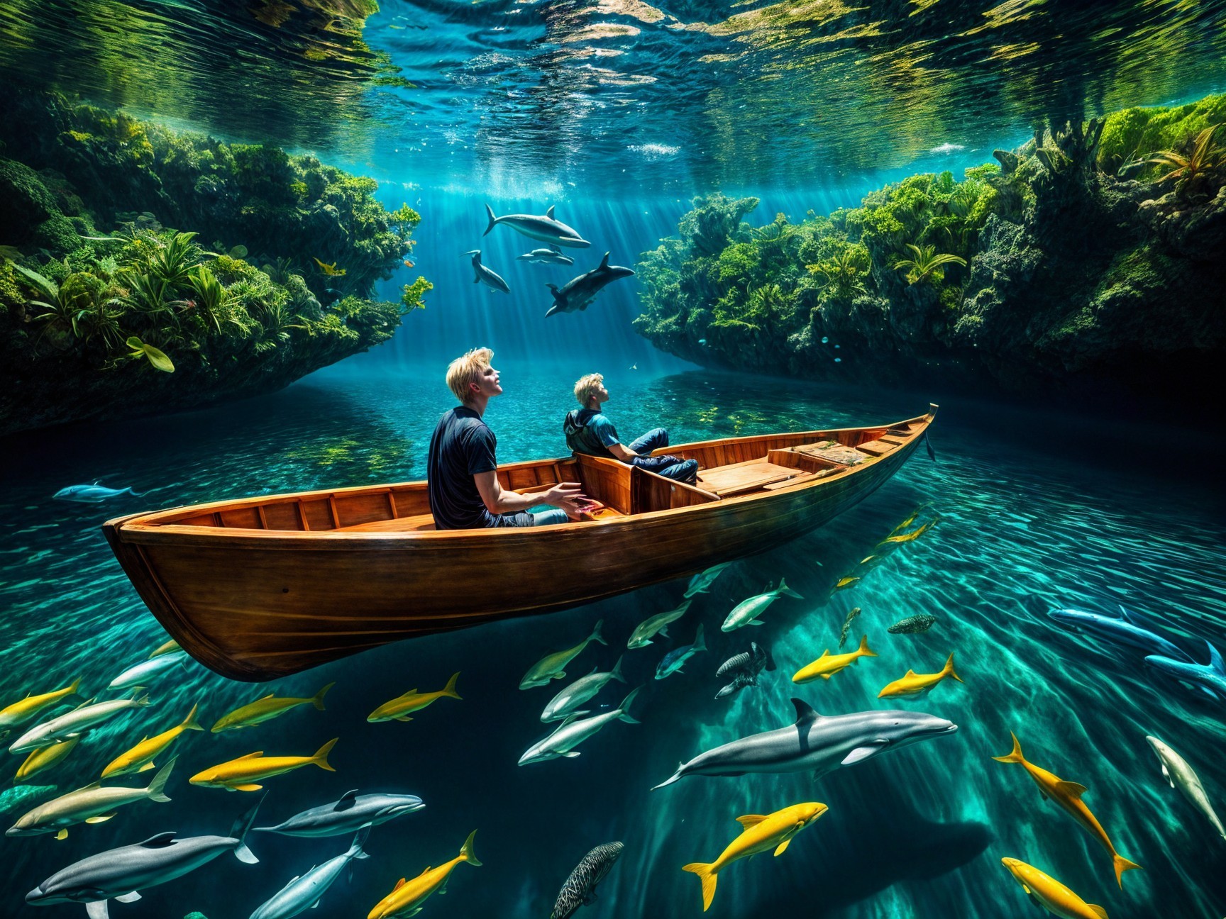Individuals in a boat above vibrant underwater ecosystem