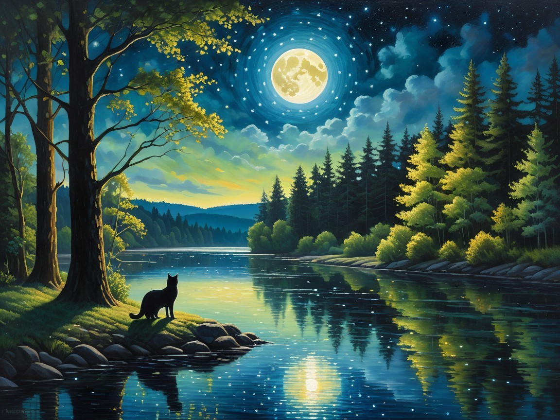 Tranquil River Scene Under a Full Moon and Stars