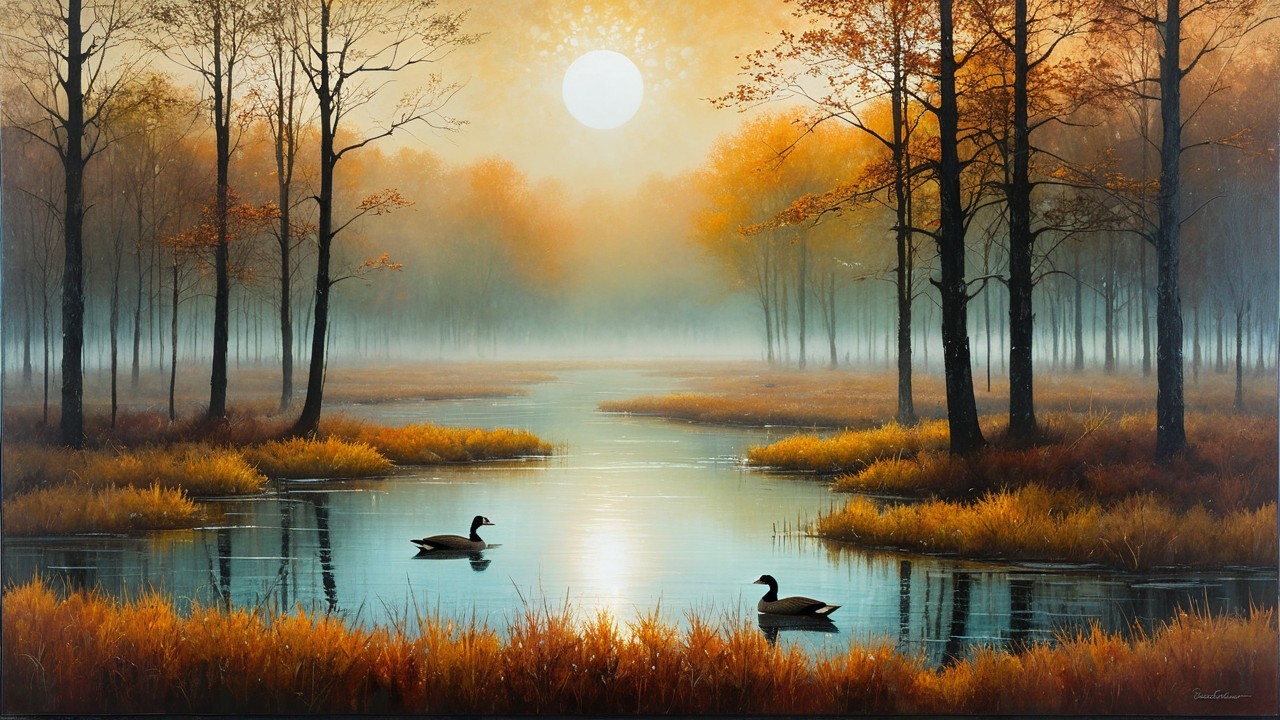 Autumn Landscape with Waterway and Ducks