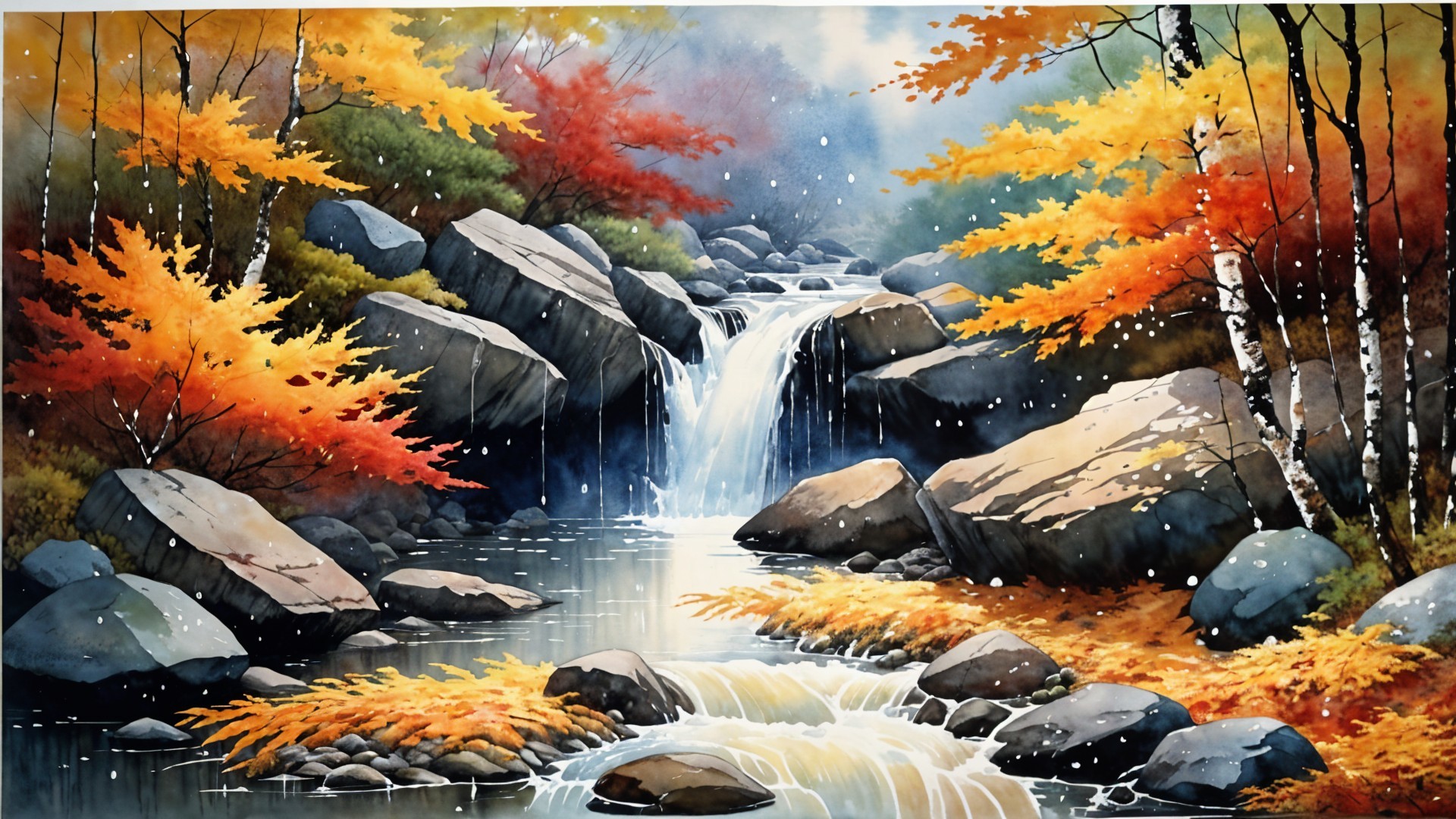 Cascading Waterfall in Vibrant Autumn Landscape