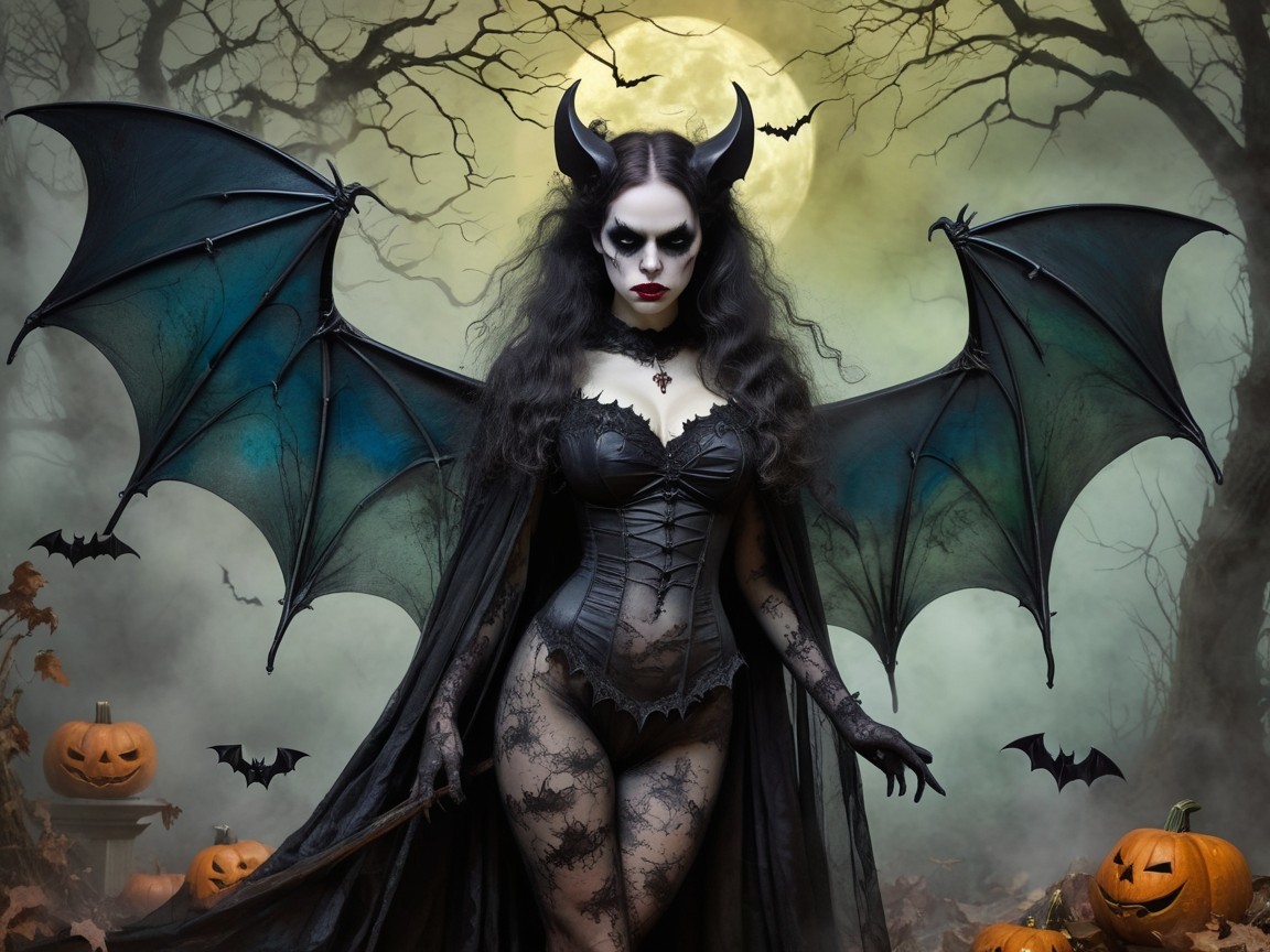 Gothic Figure in Halloween Scene with Moon and Pumpkins
