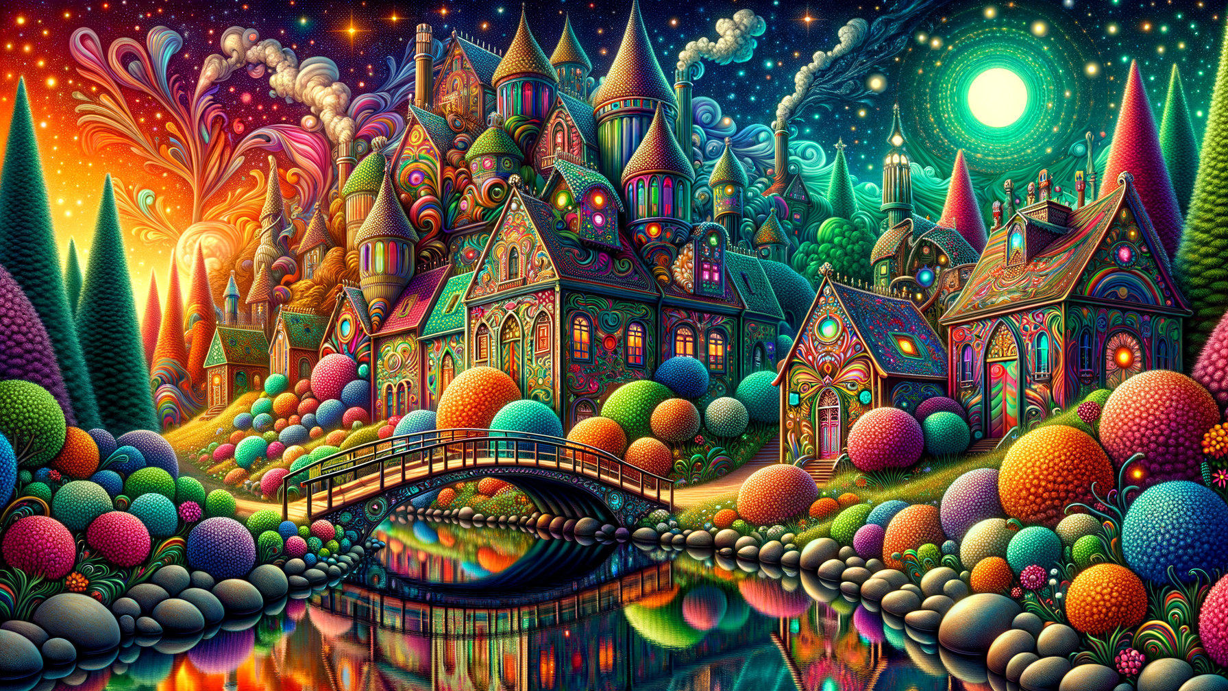 Whimsical Landscape with Colorful Buildings and River