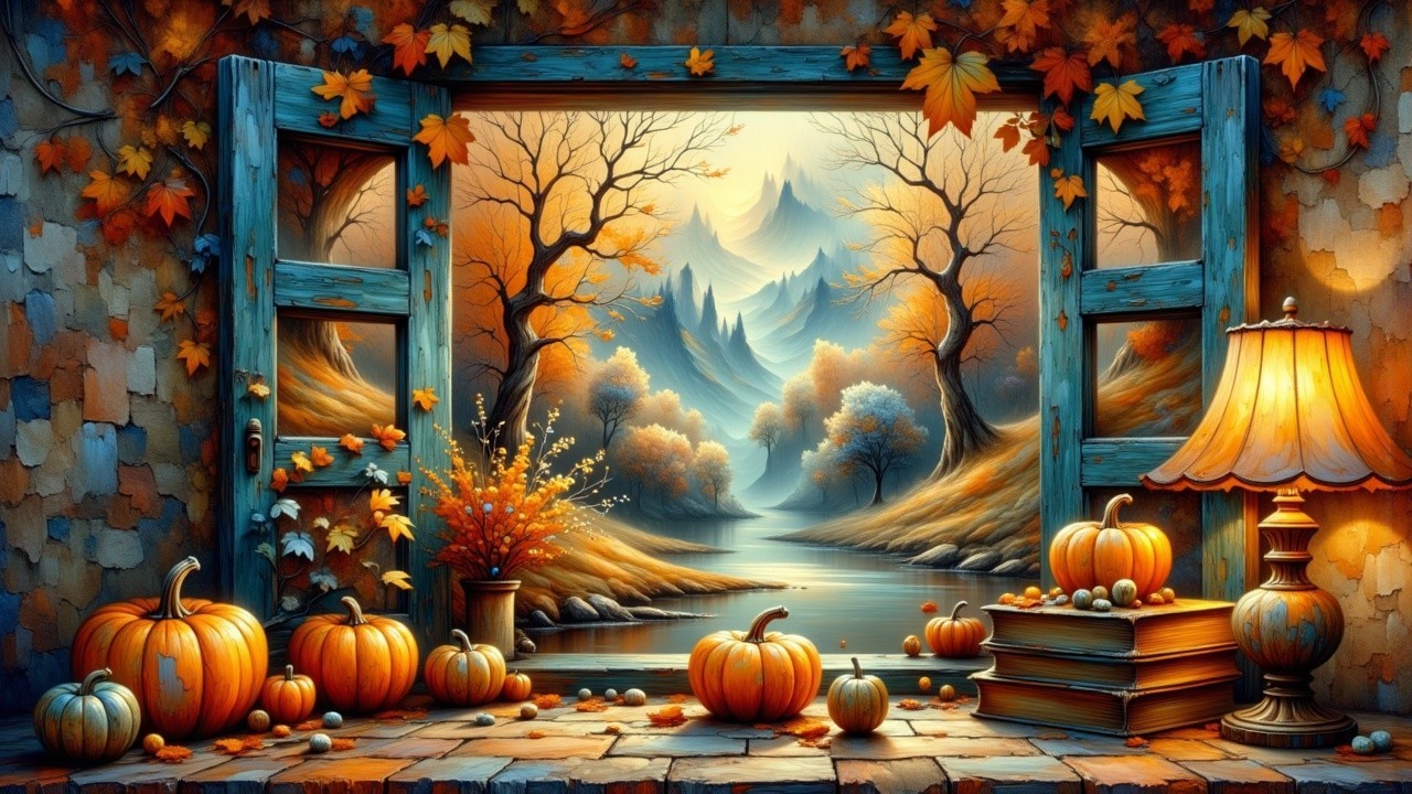 Autumn Scene with Foliage and River View Through Window