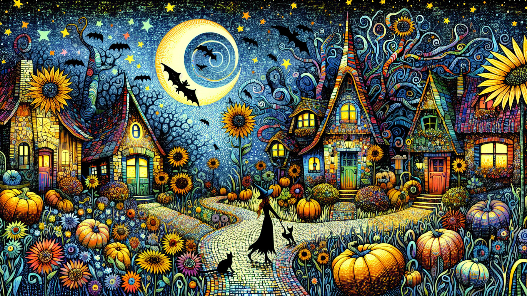 Whimsical Night Village Scene with Colorful Houses