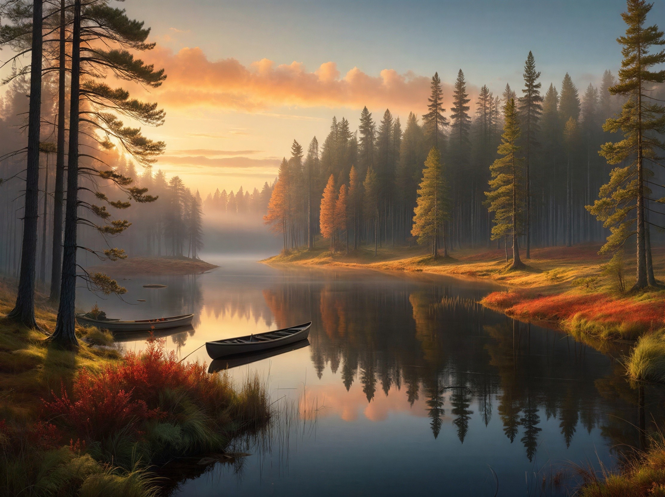 Autumnal Sunrise Over Misty Lake and Forest Scene