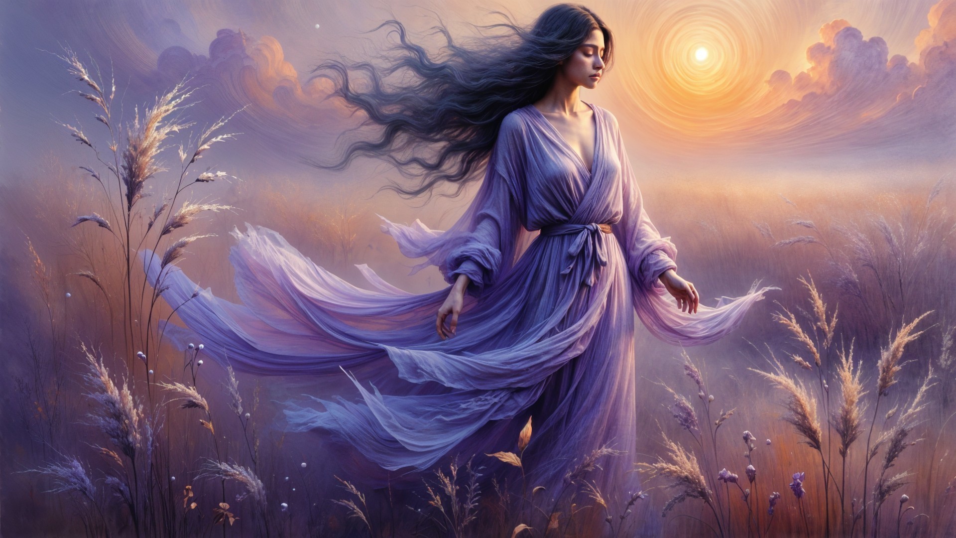 Ethereal woman in lavender gown at sunset in grass