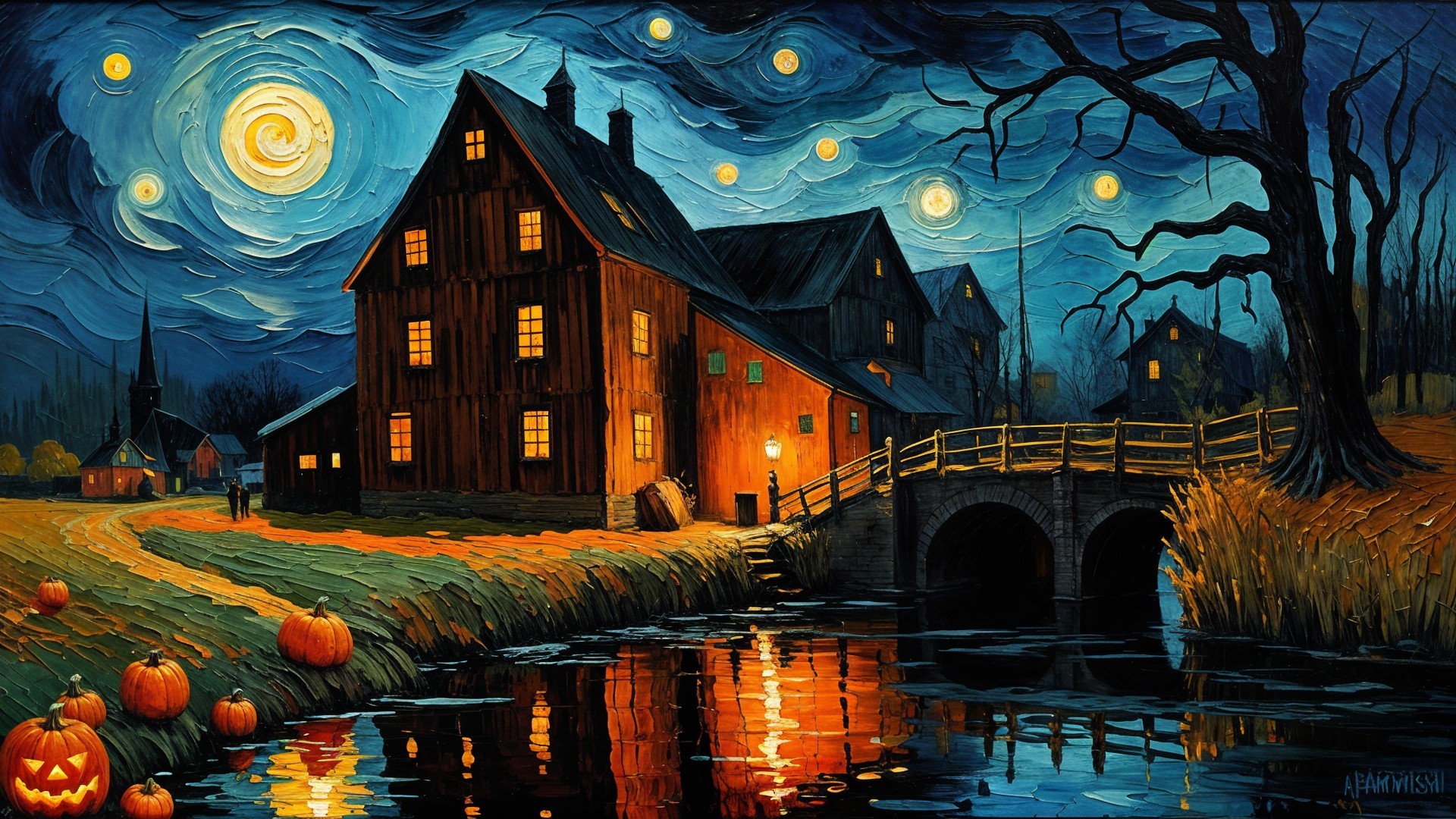 Autumn Dusk Scene with Rustic House and Stream