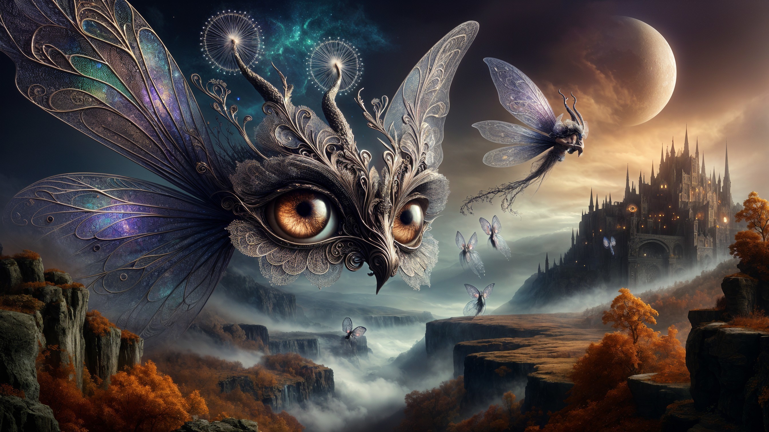 Mystical landscape with owl, fairies, and castle