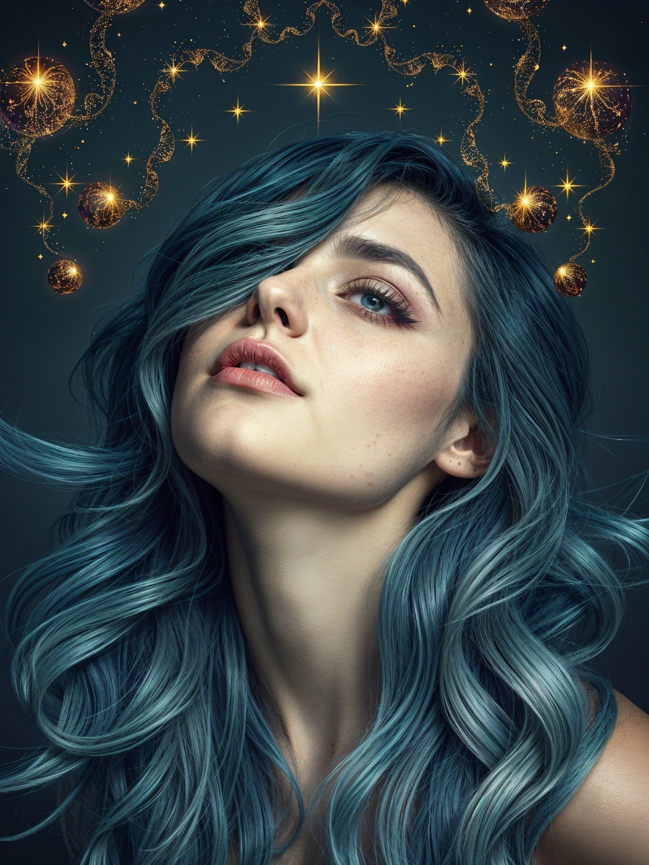 Portrait of a Young Woman with Blue Hair and Cosmic Elements