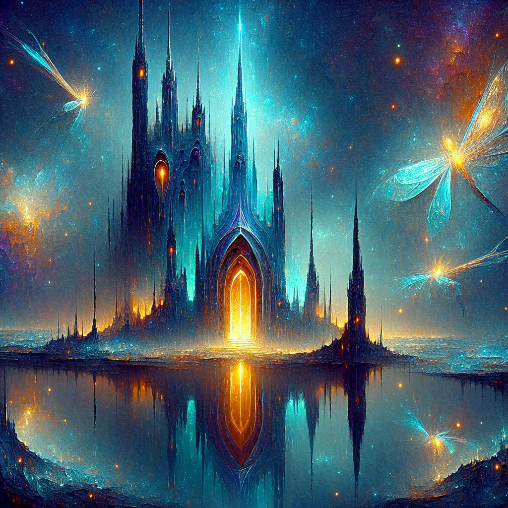 Otherworldly castle with cosmic backdrop and dragonflies