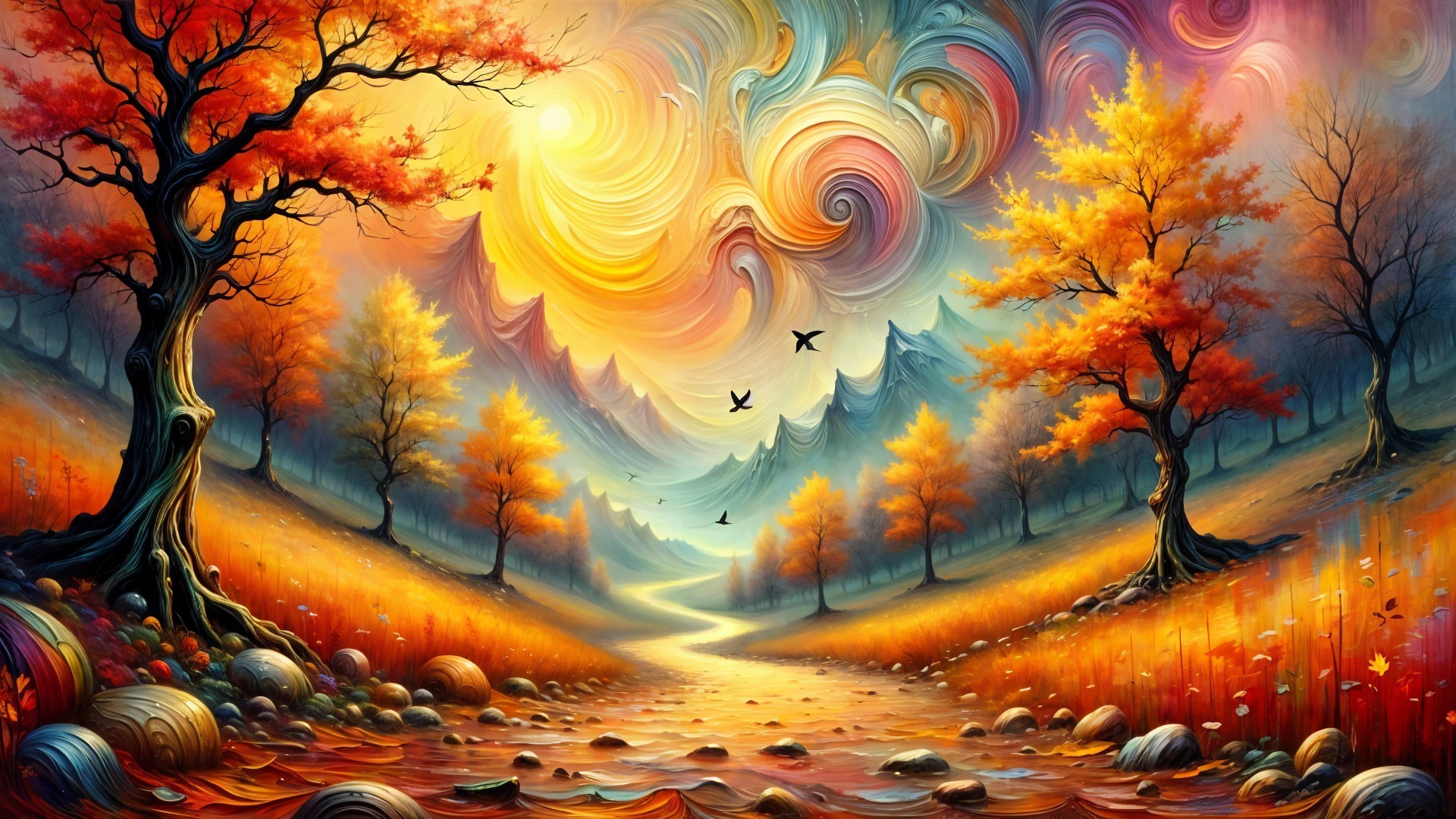 Vibrant Autumn Landscape with River and Mountains