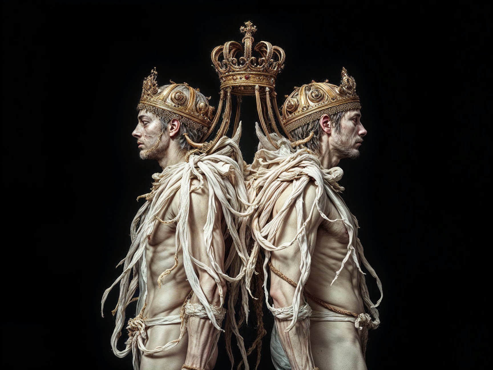 Two Male Figures with Golden Crowns and Drapery