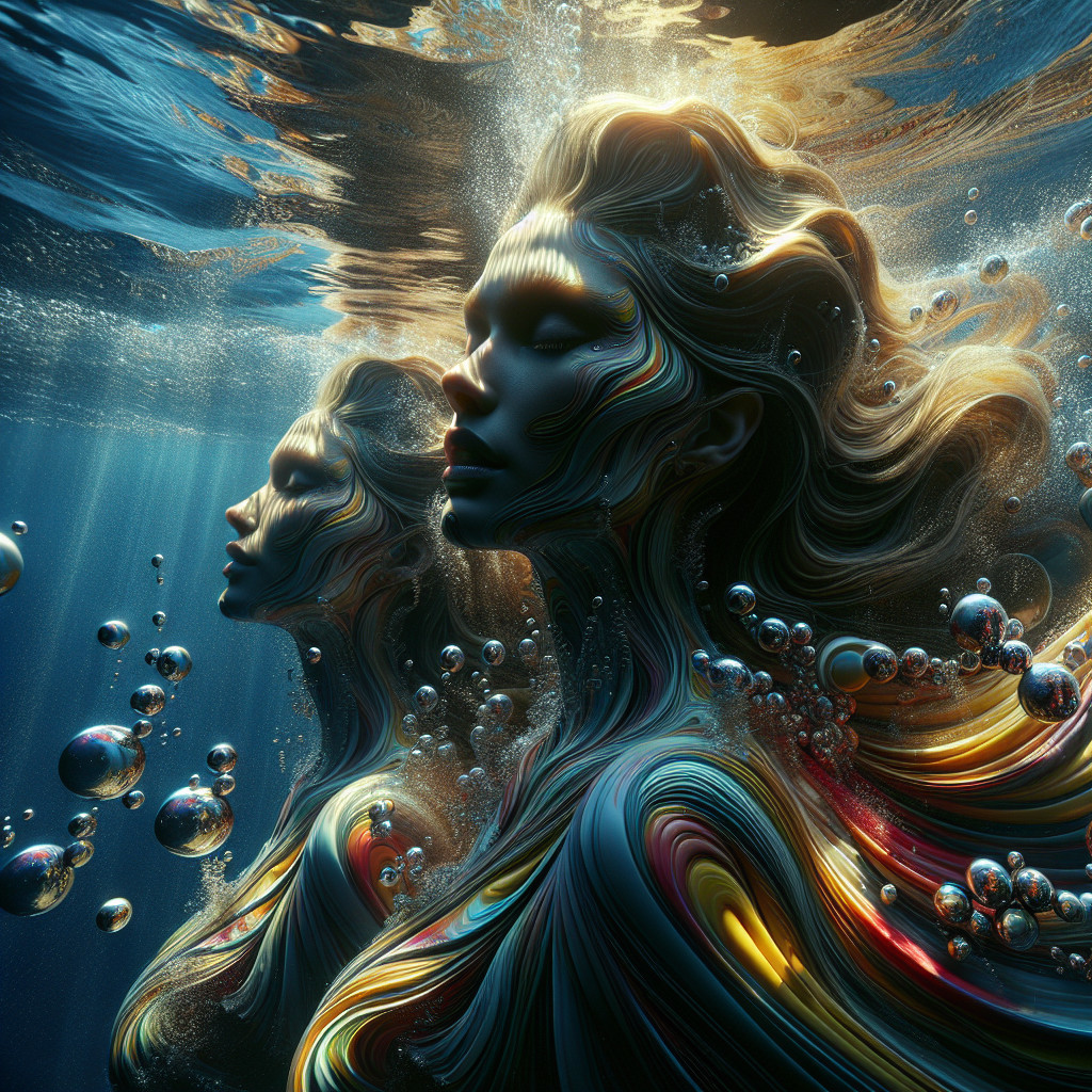 Ethereal Figures Submerged in Colorful Water Scene