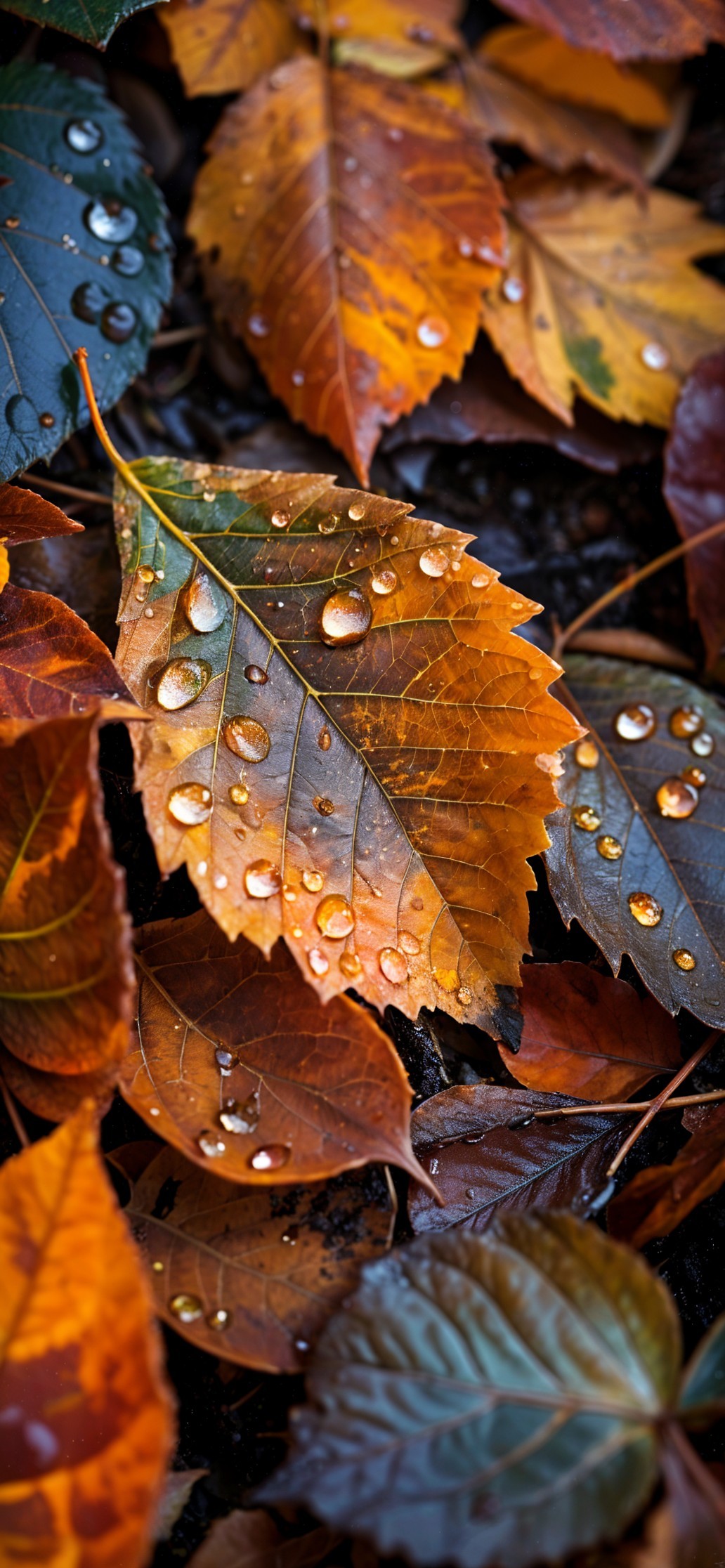 Close-Up of Autumn Leaves with Water Droplets