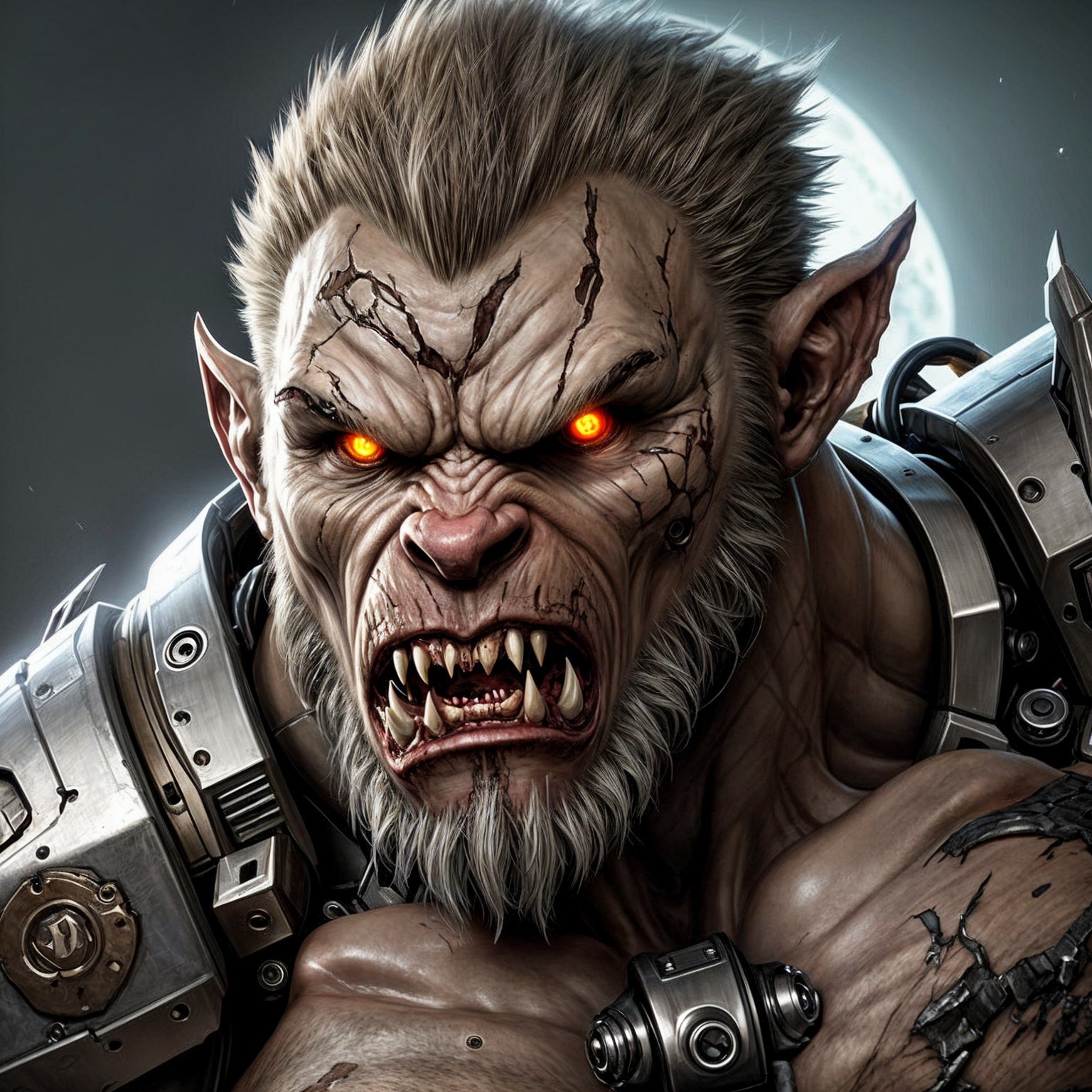Muscular Creature with Cybernetic Enhancements Under Moon