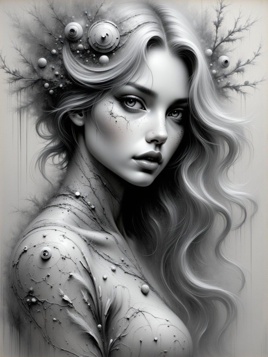 Monochrome Portrait of Woman with Natural Elements
